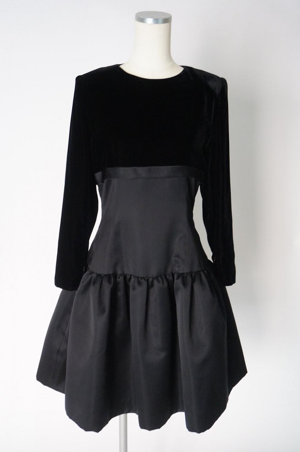 フォクシー ベロアとサテンの長袖ワンピースドレス 40 / レンタルリトルブラックドレス テン Rental Little Black Dress  ten.