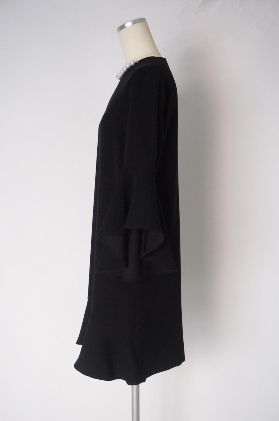 YOKO CHAN 裾と袖フリルのワンピースドレス パールモチーフ付 38 / レンタルリトルブラックドレス テン Rental Little