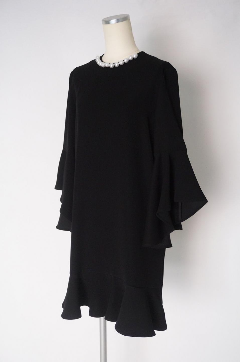 YOKO CHAN 裾と袖フリルのワンピースドレス パールモチーフ付 38 / レンタルリトルブラックドレス テン Rental Little  Black Dress ten.